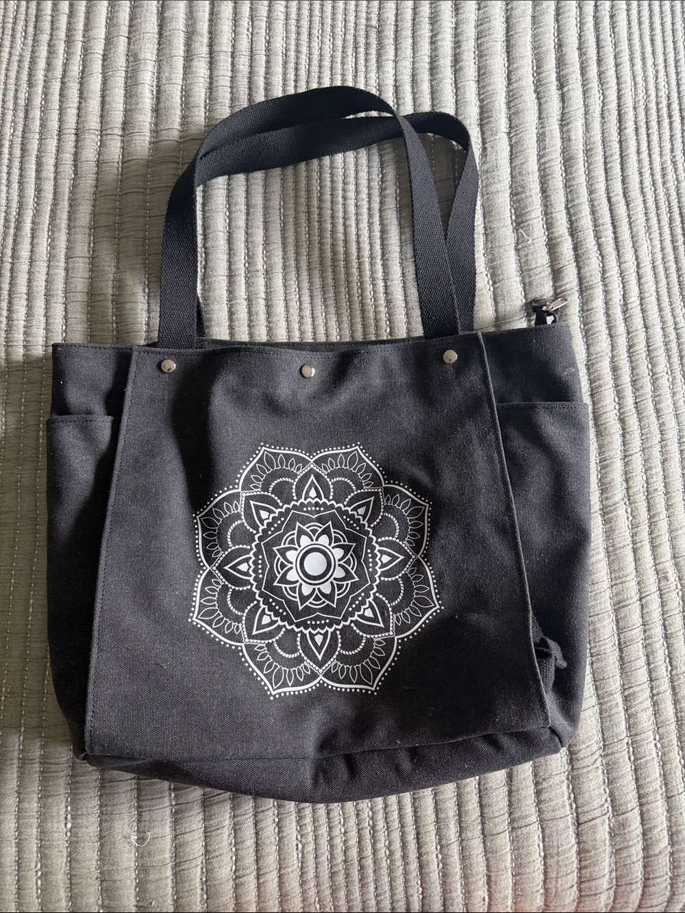 Black Yoga Mat Tote Bag with White Mandala Print